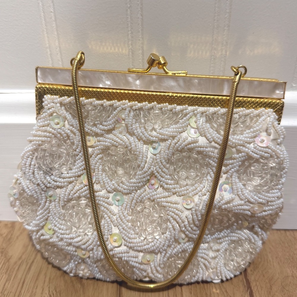 Ivory Beaded Sequin Clutch Purse Gold Chain Mother of Pearl Trim